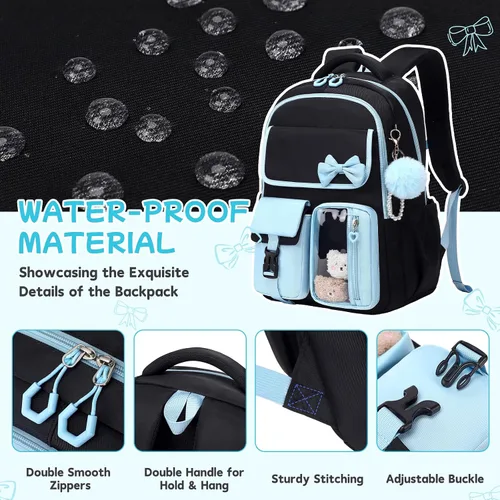 Vista 6 de Mochila para niñas, mochila escolar para niñas, bonita mochila con lazo para niñas, niños y adolescentes, para estudiantes de escuela primaria