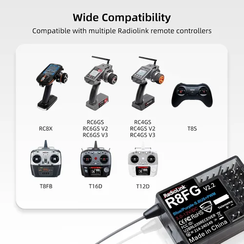 Vista 7 de Radiolink R8FG V2.2 - Receptor de giroscopio de 8 canales, 2 piezas, telemetría de voltaje de control de largo alcance de 2.4 GHz, 1,968.5 ft