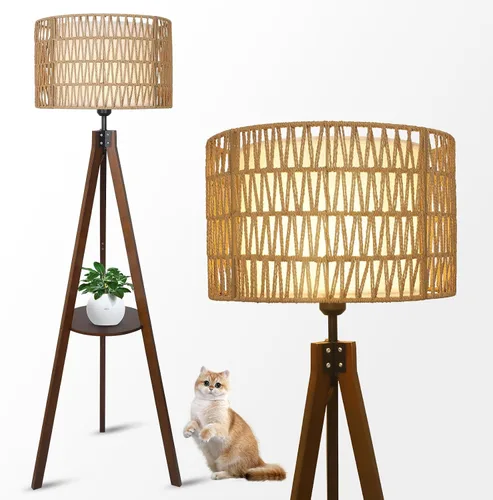 Vista 12 de LAMSU Lámparas de pie estilo bohemio con trípode para sala de estar, lámpara de pie de madera de ratán con pantallas de tela, lámpara de pie