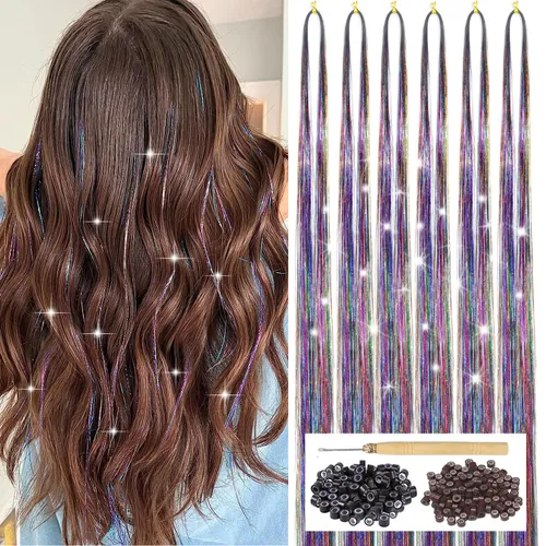 Vista 13 de Kit de oropel de cabello negro con herramienta, 6 piezas, 1200 hebras de extensiones de cabello de oropel con purpurina, resistentes al calor