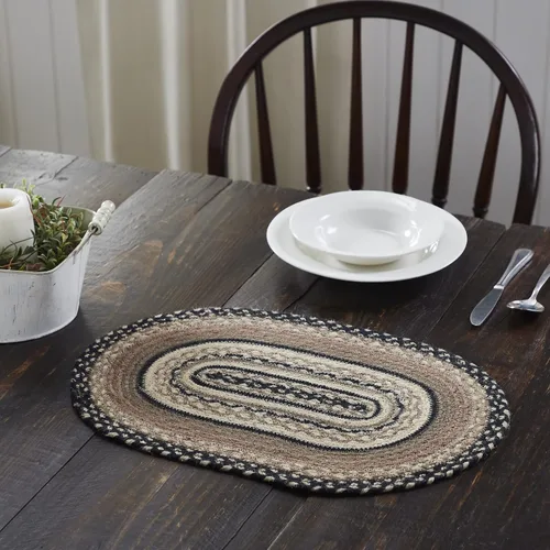 Vista 2 de VHC Brands Sawyer Mill - Juego de 6 manteles individuales para mesa de comedor de yute trenzado ovalado, color carbón, crema, 12 x 18 pulgadas