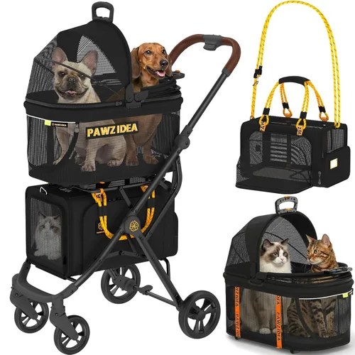 Vista 12 de PAWZIDEA Carriola doble para mascotas con 2 portamascotas desmontables, jaula portátil para perros para viajes en automóvil y porta gatos expandible