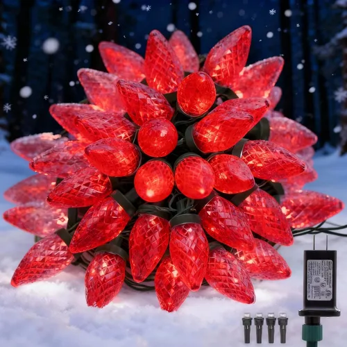 Vista 4 de Luces de Navidad C9 para exteriores, 33 pies, 50 luces LED, 8 modos de iluminación, impermeables, extensibles para interiores y exteriores, techo