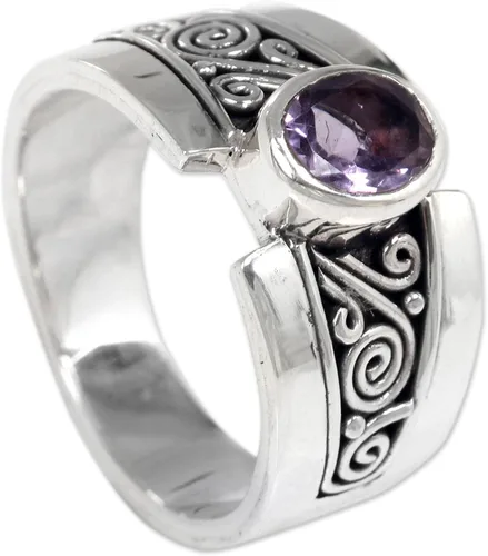 Vista 3 de NOVICA Anillo artesanal hecho a mano con amatista de plata de ley 925 con piedra natal púrpura de Indonesia 'Purple Karma