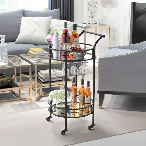 Vista 3 de Carrito redondo negro con 2 estantes de espejo, estante para vino y ruedas con cerradura, adecuado para cocina del hogar, club, sala de estar