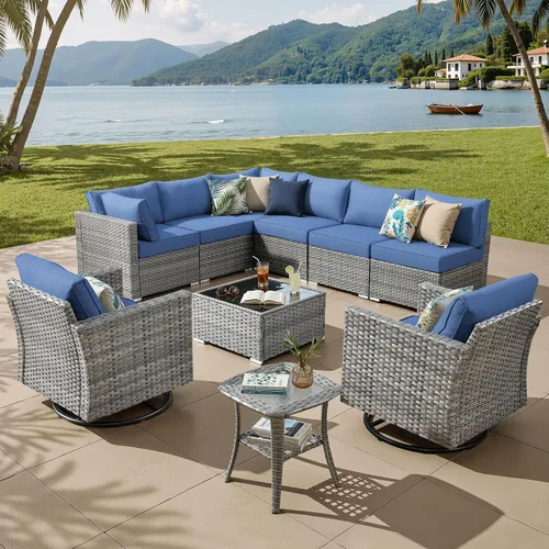 Vista 9 de ovios Juego de muebles de patio al aire libre de 5 piezas con mesa de café, conjunto seccional de muebles de patio con sofá de mimbre para todo tipo