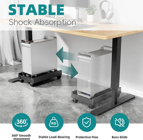 Vista 6 de Soporte ajustable para CPU con ventilador de refrigeración y luz RGB, soporte de CPU móvil con 4 ruedas rodantes, soporte de torre de computadora