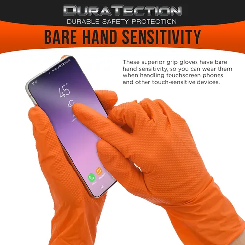 Vista 5 de Dura-Gold Duratection - Guantes desechables de nitrilo con textura de diamante, 8 mil color naranja