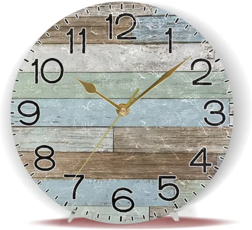 Vista 6 de Reloj de pared de madera azul y marrón, estilo rústico costero, decorativo, redondo, funciona con pilas, sin tictac, silencioso, cuarzo analógico