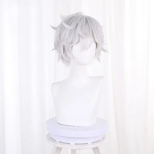 Vista 3 de XiongXiongLe Peluca de anime de Halloween, cosplay, color gris y blanco, esponjoso, rizado, pelo corto, pelucas de repuesto para hombres, disfraces