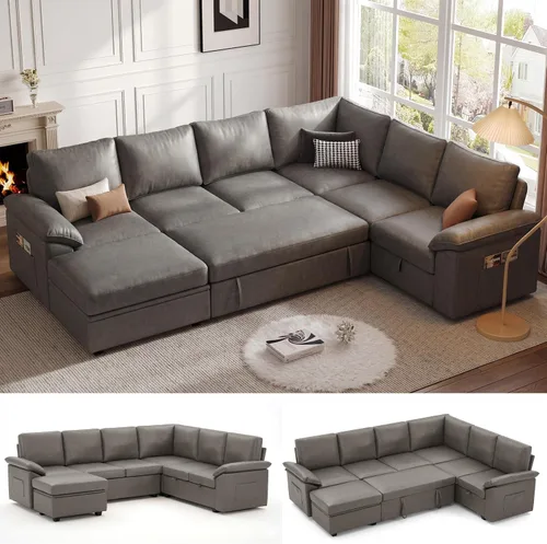 Vista 21 de Sofá Seccional Modular de 85 Pulgadas con Cama Extraíble, Sofá Cama Seccional en Forma de L de 5 Asientos con Almacenamiento, Sofás Seccionales
