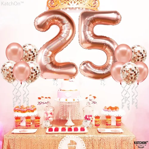 Vista 6 de KatchOn, Globos de oro rosa con el número 25, 40 pulgadas, decoraciones de cumpleaños de 25 para mujer, globos de cumpleaños de 25 años
