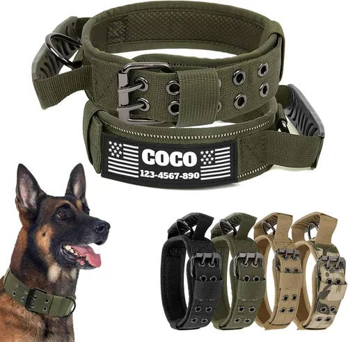 Vista 8 de Collar táctico personalizado para perro con parches de nombre y números, collar personalizado resistente con hebilla de cinturón de metal de 2 pines