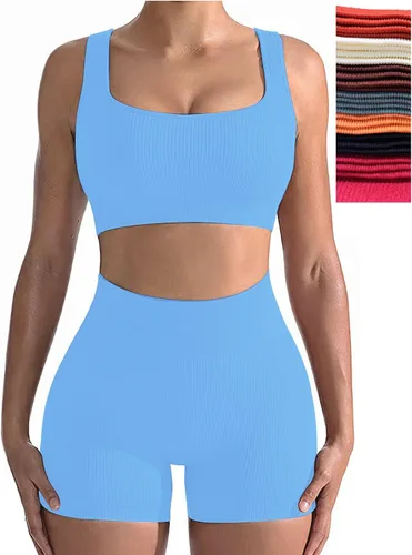 Vista 4 de Conjuntos de entrenamiento para mujer, 2 piezas, sin costuras, sexy, de un hombro, brasier deportivo, pantalones cortos de cintura alta, GMY Yoga
