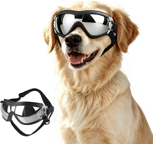 Vista 7 de Paquete de 2 gafas de sol para perros de raza mediana a grande, protección ocular anti-UV con correas ajustables, color plateado Paquete de 2