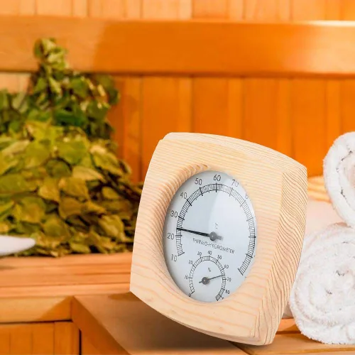 Vista 3 de Fdit Termómetro higrotermógrafo de madera para sauna higrómetro Sala de sauna Spruce Dial de madera humedad Medidor de temperatura Monitor