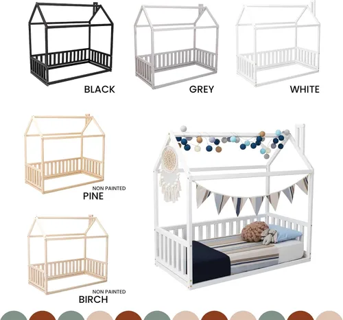 Vista 8 de Cama de casa Montessori para niños, Cama de piso para niños pequeños con rieles, Cama baja para niños pequeños, Cama de cabaña para niños, Cama