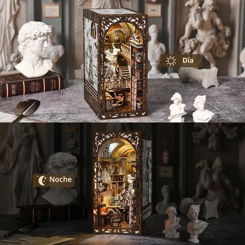 Vista 5 de Bernini's - Kit de rincón de libro para taller, taller, casa en miniatura Rompecabezas de madera 3D, decoración de inserción de estantería