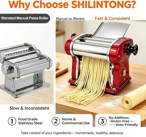 Vista 8 de Máquina eléctrica de pasta, 135 W, 9 ajustes y cortador de 0.098 in Stainless steel pasta machine: thickness (0.3-5mm), round noodles. 5kg/h. For