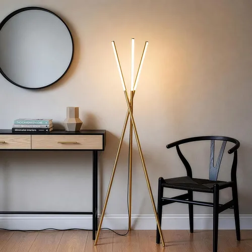 Vista 2 de Brightech Stix - Lámpara de pie LED con trípode para sala de estar, lámpara de pie moderna regulable, con 3 luces para dormitorio, iluminación Latón