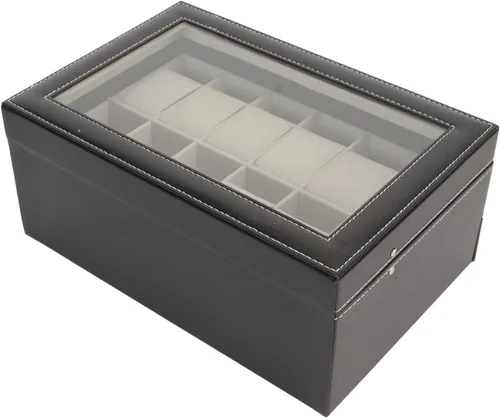 Vista 9 de JUOPZKENN Caja de almacenamiento de reloj de piel sintética con cerradura de 12 ranuras, color negro, 2 niveles, con tapa de cristal, soporte