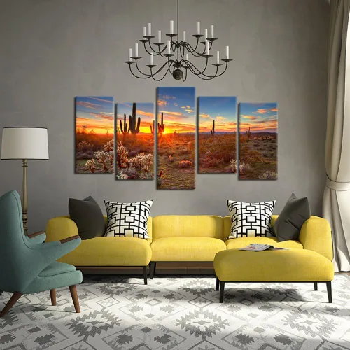 Vista 2 de KREATIVE ARTS - Pinturas de paisajes naturales, arte de pared, puesta de sol con saguaros en el desierto de Sonora, 5 piezas impresas en lienzo