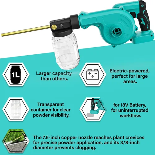 Vista 2 de Dinftin Plumero eléctrico de tierra de diatomeas compatible con batería Makita de 18 V (batería no incluida), aplicador de polvo de jardín