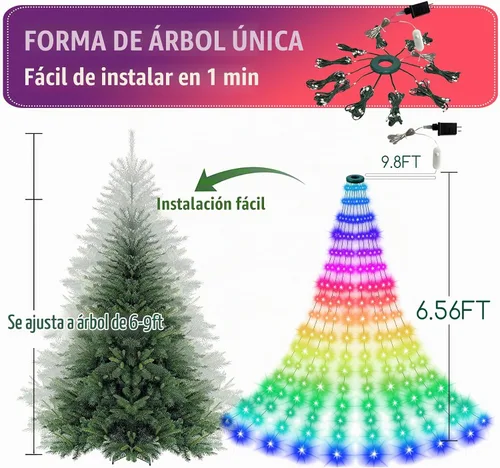 Vista 2 de Luces inteligentes para árbol de Navidad, línea colgante de 6.5 pies que va sobre el árbol, 200 luces LED que cambian de color multicolor
