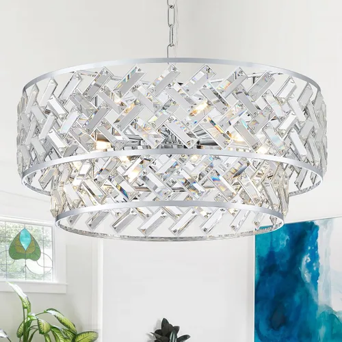 Vista 14 de CATINER - Candelabro de cristal dorado de 18 pulgadas, colgante semiempotrado de 6 luces grande dorado