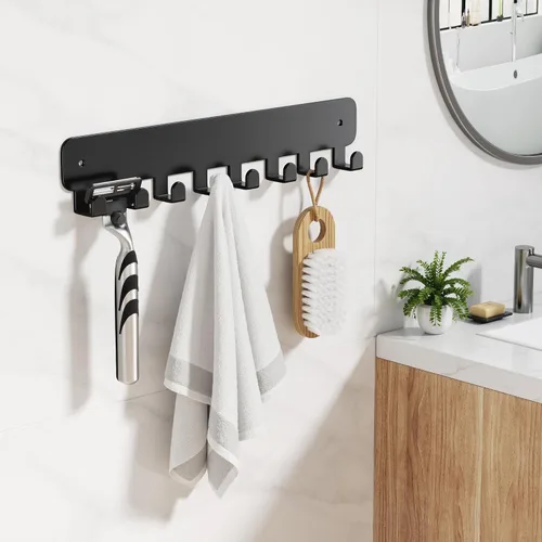Vista 4 de pickpiff Soporte para llaves de pared, soporte adhesivo para llaves con 8 ganchos para llavero de automóvil, organizador de llavero de metal, negro