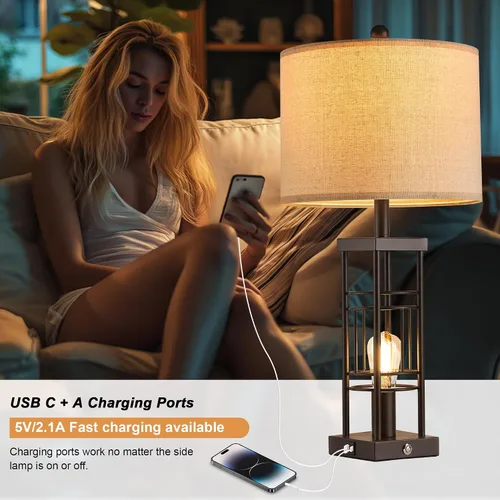 Vista 3 de Reaketon Juego de 2 lámparas de mesa para sala de estar con puertos de carga USB, lámparas de estilo granja regulables de 3 vías de 70 cm