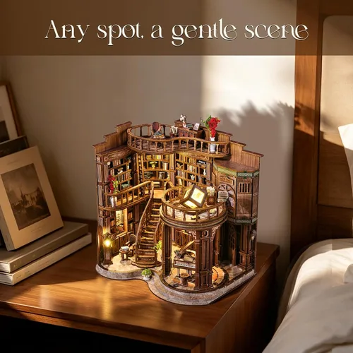 Vista 4 de Kit de rincón de libros, rompecabezas de madera 3D en miniatura, sujetalibros con luz LED, decoración de estantería de flor de cerezo para libros