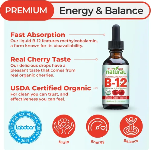 Vista 2 de Why Not Natural Líquido orgánico de vitamina B12 – Sublingual Extra Strength 60 x 5000 mcg gotas de metilcobalamina, vegano, maximiza la absorción