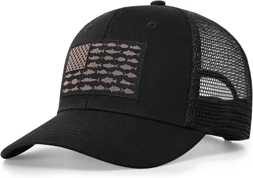 Vista 14 de Sombrero de camionero con bandera de pez estadounidense, regalos de pesca para hombres, sombrero de pesca Snapback perfecto para pesca y uso diario