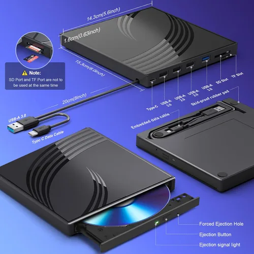 Vista 4 de BPAKDU Unidad externa de CD/DVD para laptop, grabadora de CD ultra delgada, concentrador USB 3.0 con 4 puertos USB, 2 ranuras para tarjetas TF/SD, 1
