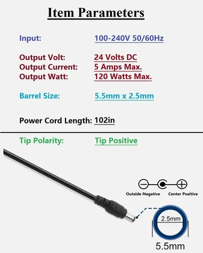 Vista 3 de Fuente de alimentación regulada DC 24V 5A, adaptador de CA 100-240V 50-60Hz a CC 24 voltios 5 amperios, cable adaptador de corriente con conector
