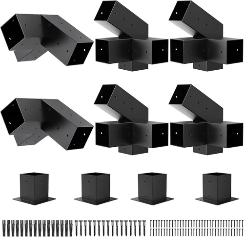 Vista 11 de Kit de soportes para pérgola 4 x 4, soportes de esquina de carpintería con recubrimiento de polvo de 3 vías, 2 hombros de soporte y 2 bases