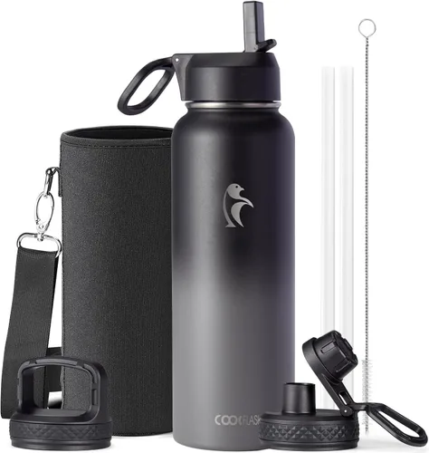 Vista 18 de Coolflask Botella de agua de 20 onzas aislada con pajilla, 3 tapas de metal de acero inoxidable, botella de agua de boca ancha para deportes u