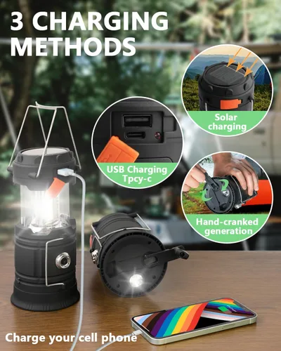 Vista 5 de Linterna solar de campamento con manivela, linterna LED ultra brillante portátil de gran capacidad, cargador USB, linterna electrónica