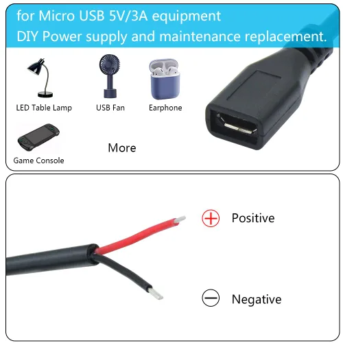 Vista 6 de Cable micro USB hembra de 2 pines de 3 pies, cable de alimentación flexible de extremo abierto, fácil de soldar, para equipo USB instalado