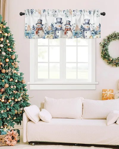 Vista 7 de Cenefas de cortina de Navidad con diseño de muñeco de nieve para ventanas, cenefas de ventana de hojas de eucalipto, bolsillo para barra, cortinas
