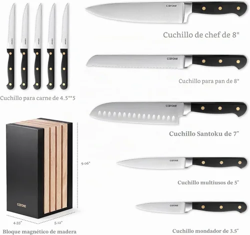 Vista 2 de CAROTE Juego de 11 cuchillos con bloque para cocina, hoja súper afilada de acero inoxidable, mango ergonómico con triple remache, bloque magnético