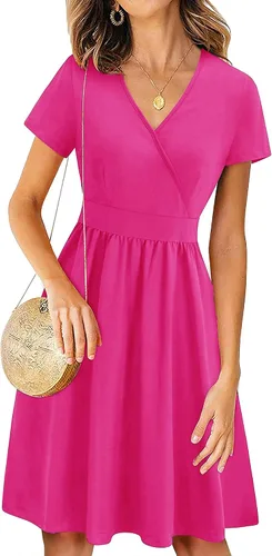 Vista 2 de VOTEPRETTY - Vestido cruzado de manga corta con cuello en V para mujer, vestido de verano informal con estampado floral y bolsillos