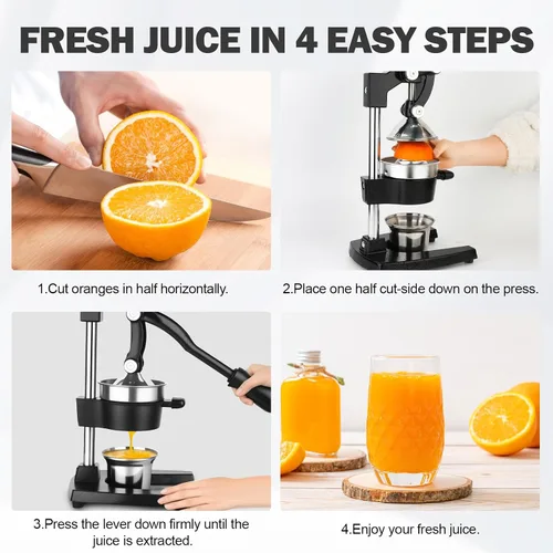 Vista 4 de Exprimidor manual de hierro fundido con cono de acero inoxidable, exprimidor de limón resistente para un máximo rendimiento de jugo y limpieza sin