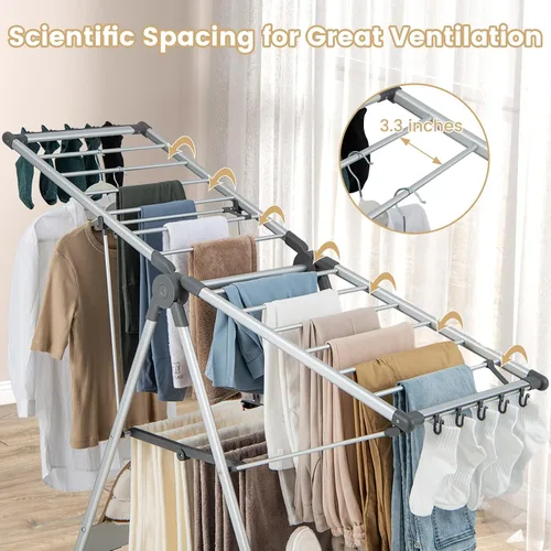 Vista 8 de Tangkula Estante de secado de ropa plegable, estante de secado de aluminio de 2 capas que ahorra espacio con alas ajustables, estante de secado