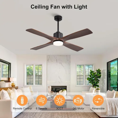 Vista 2 de LEDLUX Ventiladores de techo de 48 pulgadas con luces, ventilador de techo moderno con luz, control remoto de 6 velocidades, 4 aspas de madera Negro
