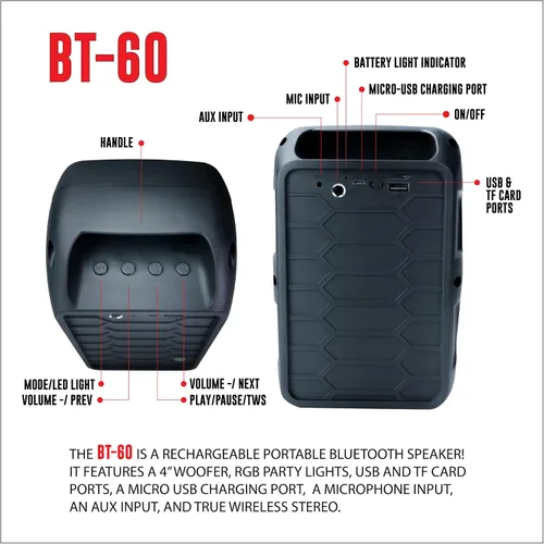 Vista 2 de QFX BT-60-BK Altavoz Bluetooth de 4 "con luces LED - Negro