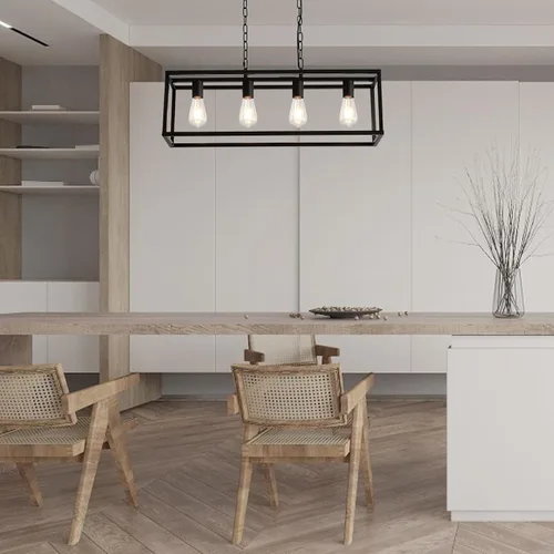 Vista 8 de Candelabros modernos, rectangular, color negro, 4 luces, accesorios de iluminación colgantes, jaula de isla de cocina, colgante lineal, lámpara