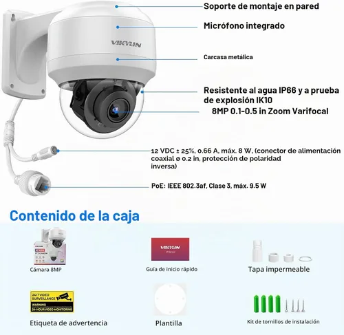 Vista 8 de VIKYLIN Cámara al aire libre 4K PTZ 8MP IP POE con audio de 2 vías Gris Blanco
