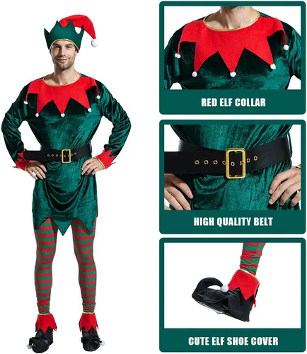 Vista 4 de ReneeCho Disfraz de elfo para adultos, de Navidad, para hombre, de taller, de elfo, para mujer, color verde